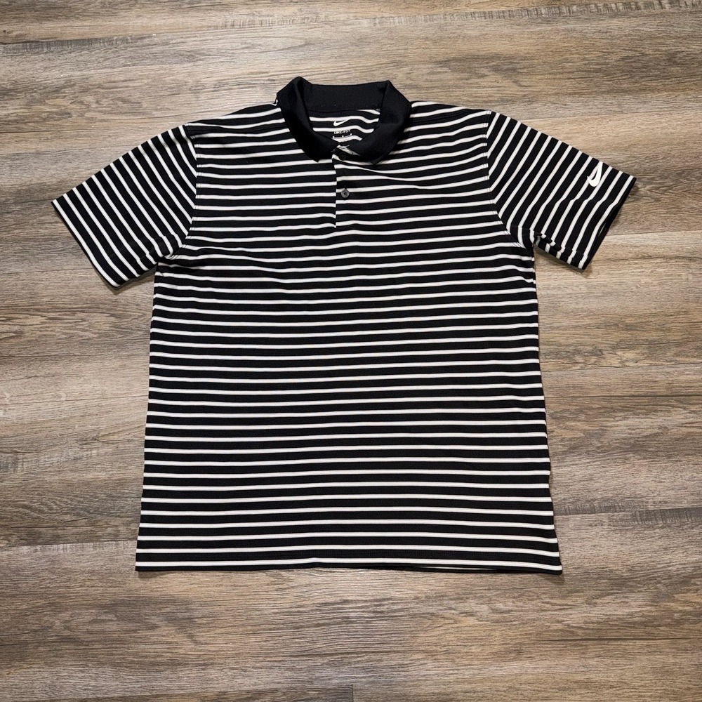 Nike Dri-FIT Victory Striped Golf Polo Shirt Mens Medium Black White Swoosh Logo